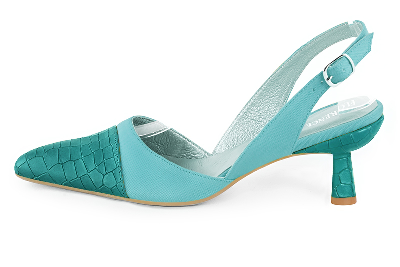 Aquamarine blue women's slingback shoes. Tapered toe. Medium spool heels. Profile view - Florence KOOIJMAN
